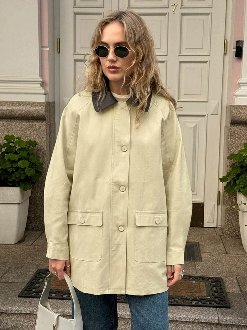 Forever 21 British Retro Colorblock Notch Lapel Jacket Loose Cotton Beige Mid